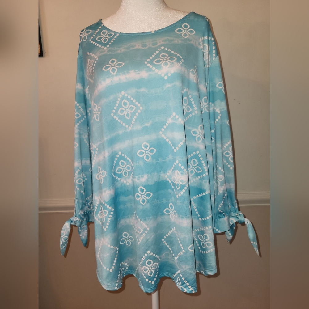 Ruby Rd. Blue Tunic with Flutter Sleeves and Tie Front
